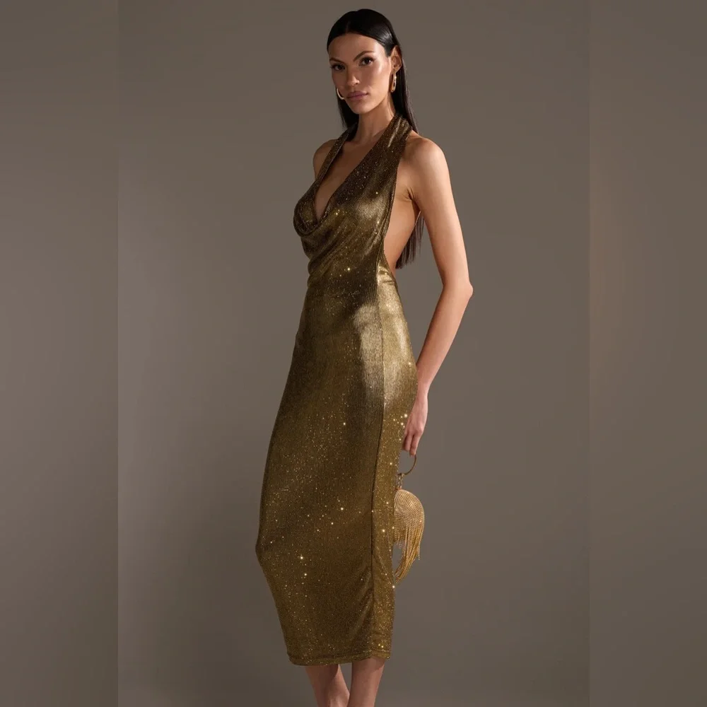 AKIRA POPPIN' BOTTLES RHINESTONE MAXI DRESS IN GOLD - Picture 5 of 7